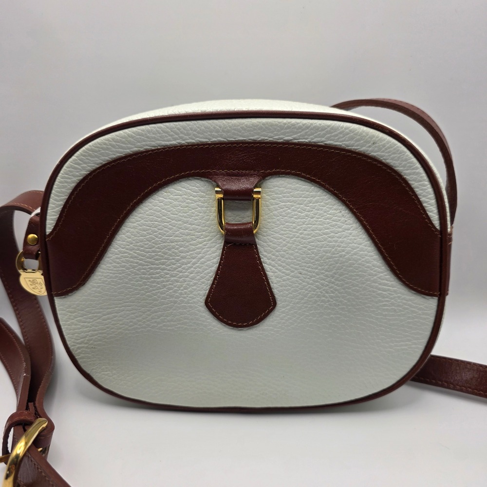 Talbots Vintage Pebbled Leather Crossbody Bag Cream Brown Gold Hardware Oval